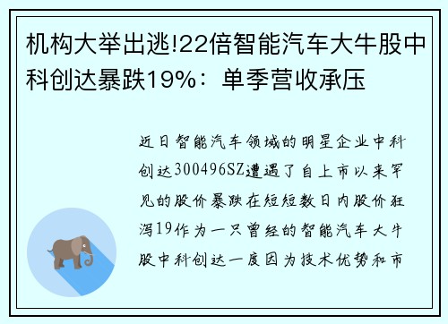 机构大举出逃!22倍智能汽车大牛股中科创达暴跌19%：单季营收承压