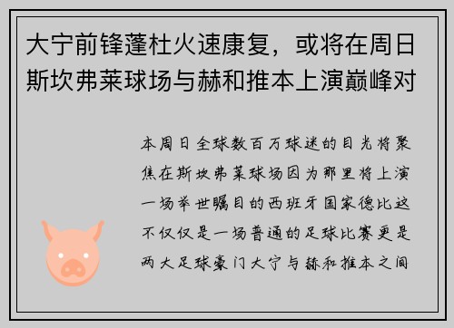 大宁前锋蓬杜火速康复，或将在周日斯坎弗莱球场与赫和推本上演巅峰对决