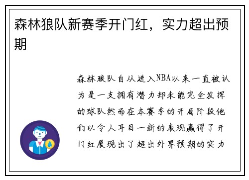 森林狼队新赛季开门红，实力超出预期
