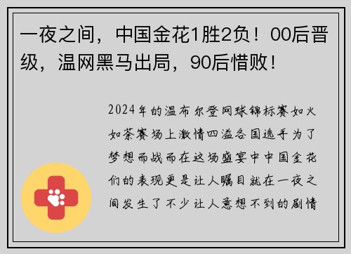 一夜之间，中国金花1胜2负！00后晋级，温网黑马出局，90后惜败！