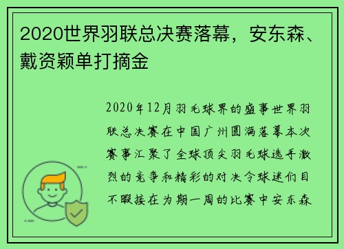 2020世界羽联总决赛落幕，安东森、戴资颖单打摘金