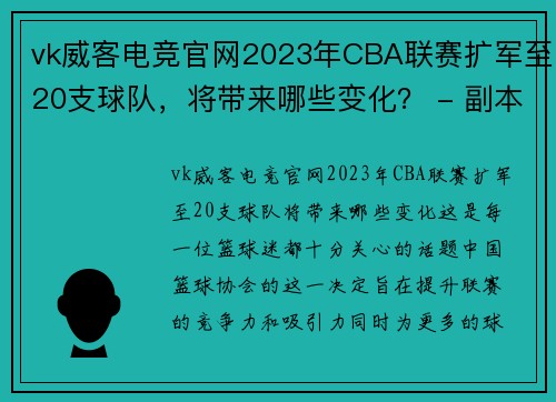 vk威客电竞官网2023年CBA联赛扩军至20支球队，将带来哪些变化？ - 副本
