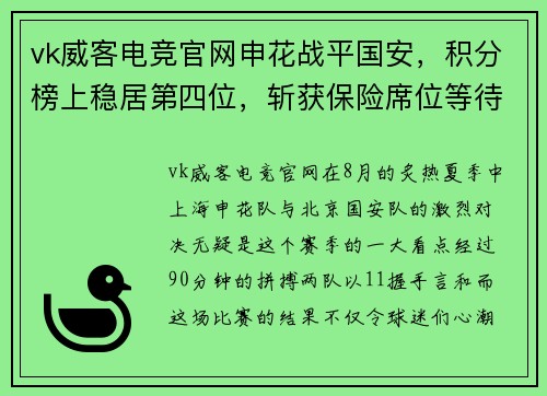 vk威客电竞官网申花战平国安，积分榜上稳居第四位，斩获保险席位等待冲击三强
