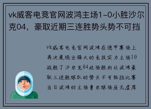 vk威客电竞官网波鸿主场1-0小胜沙尔克04，豪取近期三连胜势头势不可挡