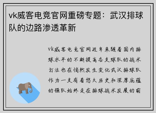 vk威客电竞官网重磅专题：武汉排球队的边路渗透革新