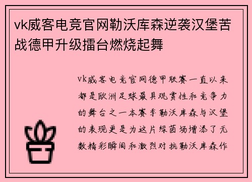 vk威客电竞官网勒沃库森逆袭汉堡苦战德甲升级擂台燃烧起舞