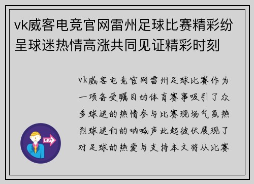 vk威客电竞官网雷州足球比赛精彩纷呈球迷热情高涨共同见证精彩时刻